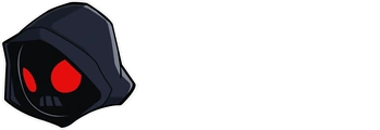SlotsVader Casino – postać w kapturze z czerwonymi oczami i biały napis